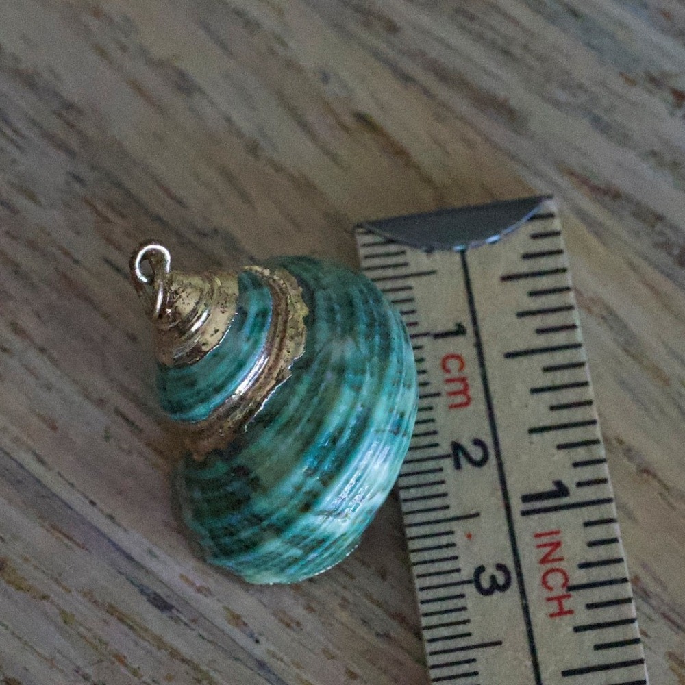 Green Teal Spiral Seashell Pendant Gold Trim Coastal Boho Nautical Charm 1 Inch - Picture 5 of 5